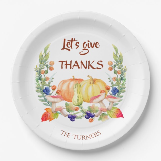 Let's Give Thanks Fall Wreath Pumpkin Thanksgiving Paper Plate (Front)