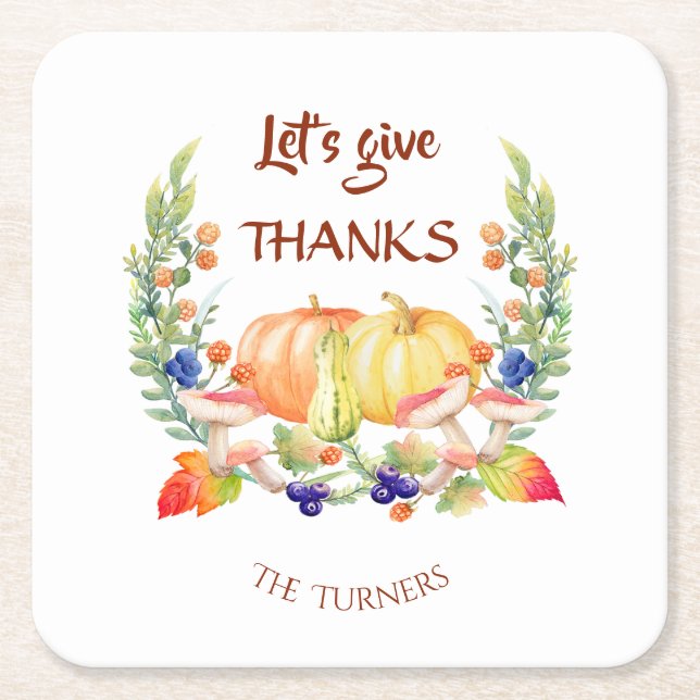 Let's Give Thanks Fall Wreath Pumpkin Thanksgiving Square Paper Coaster (Front)