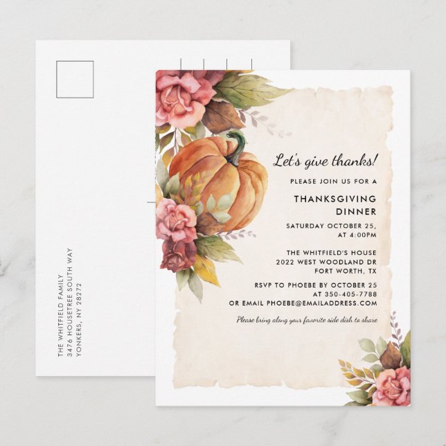 Lets Give Thanks Rustic Pumpkin Thanksgiving Invitation Postcard (Front/Back)