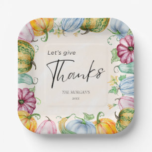 Let's Give Thanks Thanksgiving Watercolor Pumpkin Paper Plate