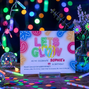 Let's glow crazy neon birthday laser party invitation