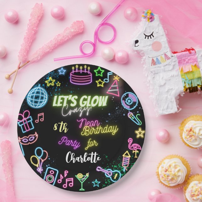 Let's glow crazy neon birthday paper plate (Party)