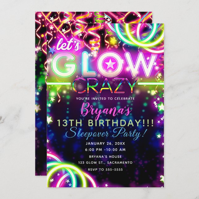 Let's GLOW Crazy Neon Colourful Birthday Party Invitation (Front/Back)