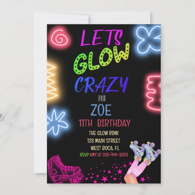 Let's Glow Crazy Neon Skating Birthday Invitation (Front)