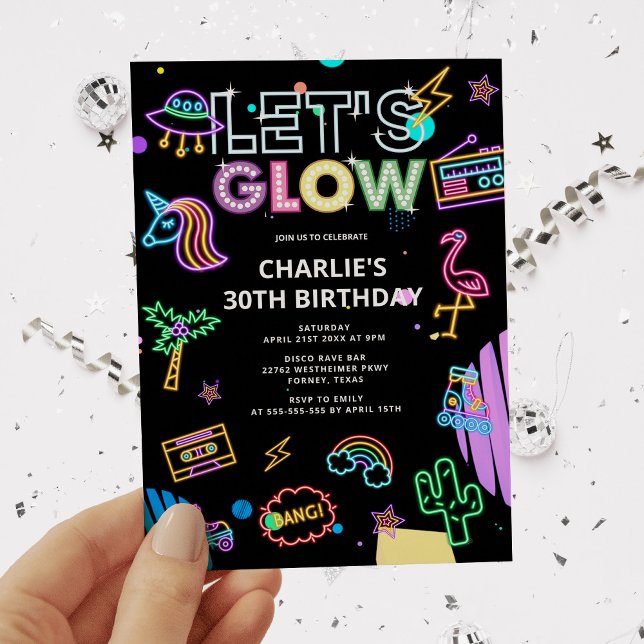 Let's Glow Millennial Retro Neon Pink Birthday Invitation (Creator Uploaded)