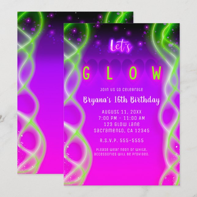 Let's Glow Purple Pink Neon Green Sweet 16 Party Invitation (Front/Back)