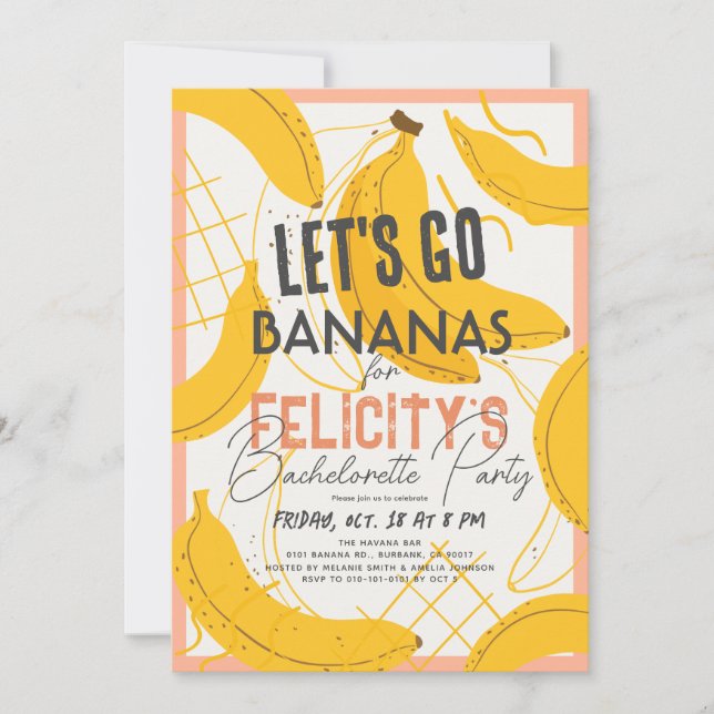 Let's Go Bananas Yellow & Pink Bachelorette Party Invitation (Front)