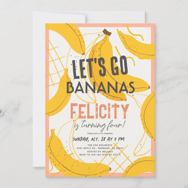 Let's Go Bananas Yellow & Pink Girl Birthday Invitation (Front)