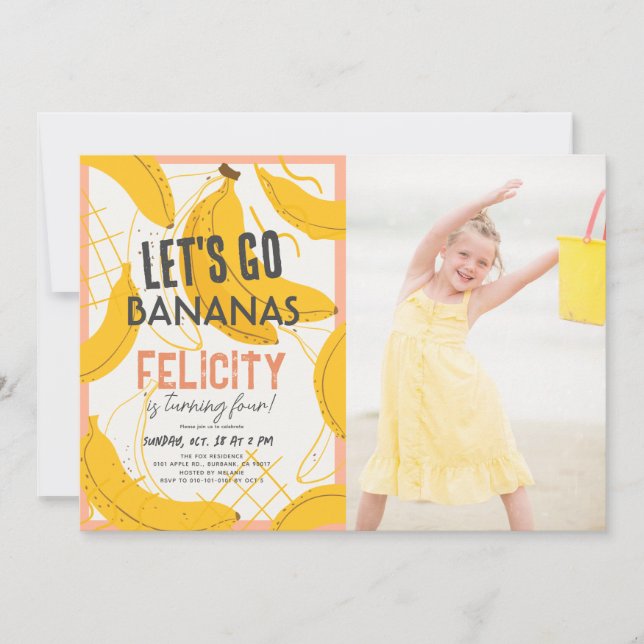 Let's Go Bananas Yellow & Pink Girl Birthday Photo Invitation (Front)