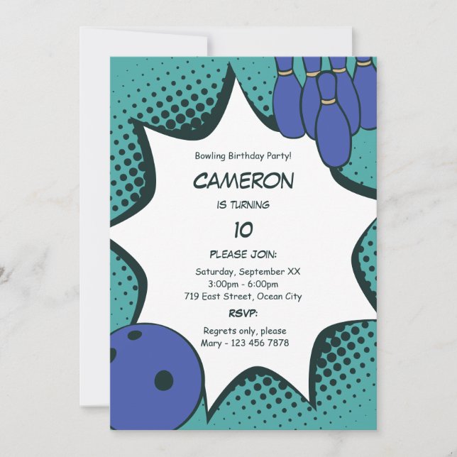 Let's Go Bowling 10th Birthday Party Invitation (Front)