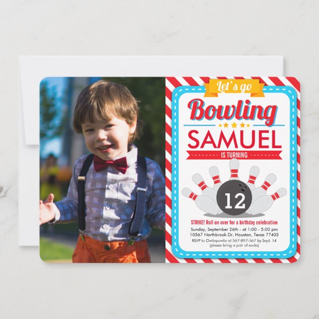 Let's go Bowling Birthday Party Photo Invitation (Front)