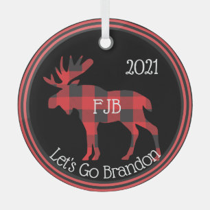 Let's Go Brandon FJB Buffalo Plaid Moose 2021 Glass Tree Decoration