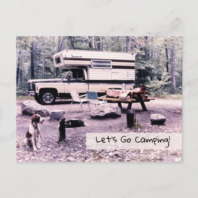 Let's Go Camping, Retro Travel Invitation Postcard (Front)