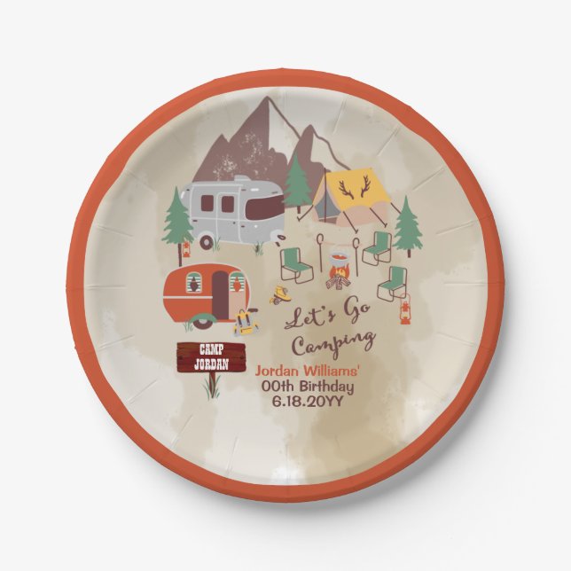 Let's Go Camping Rustic Woodsy Campground Birthday Paper Plate (Front)