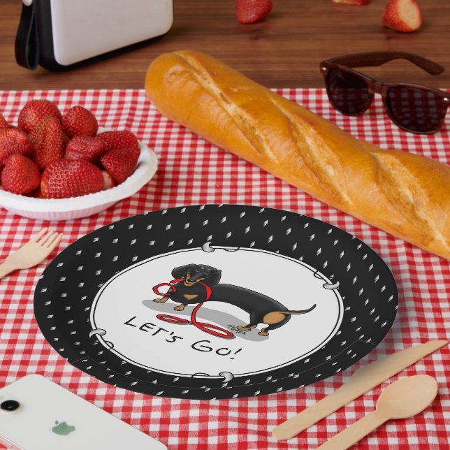 Let's Go! Dachshund Dog (black and tan) Funny cute Paper Plate (Picnic)
