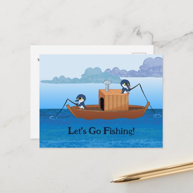 Let's go fishing - cute penguin cartoon card (Front/Back In Situ)