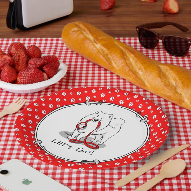 Let's Go! (for a walk) Samoyed w red leash Funny Paper Plate (Picnic)