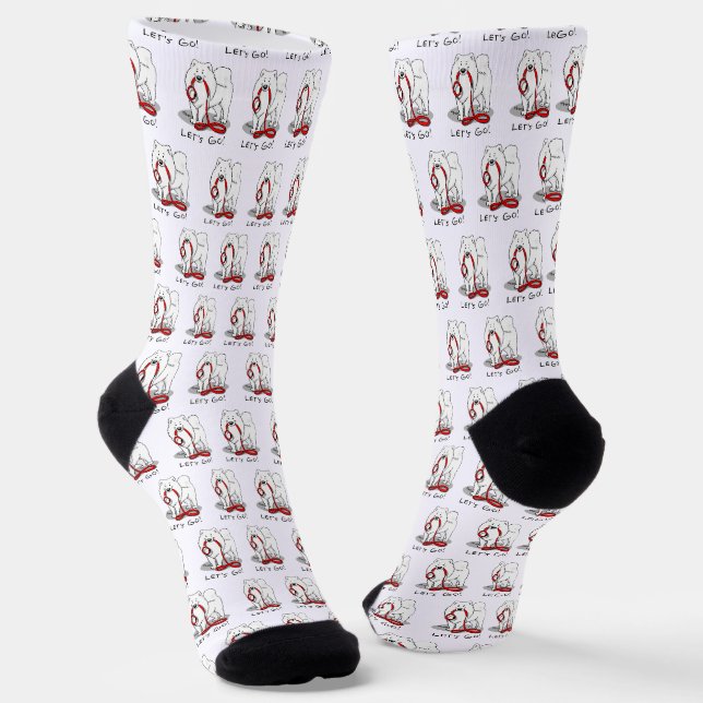Let's Go! (for a walk) Samoyed w red leash Funny Socks (Angled)