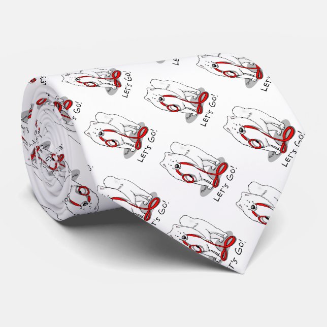 Let's Go! (for a walk) Samoyed w red leash Funny Tie (Rolled)