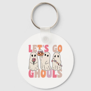 Let's Go Ghouls Groovy Ghost With Vintage Flowers Key Ring