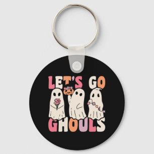 Let's Go Ghouls Groovy Ghost With Vintage Flowers Key Ring
