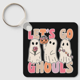 Let's Go Ghouls Groovy Ghost With Vintage Flowers Key Ring