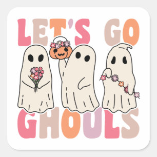 Let's Go Ghouls Groovy Ghost With Vintage Flowers  Square Sticker