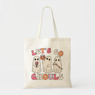 Let's Go Ghouls Groovy Ghost With Vintage Flowers Tote Bag