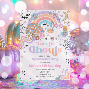 Let's Go Ghouls Halloween Cute Pink Ghost Birthday Invitation
