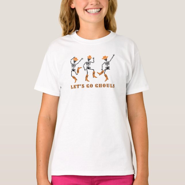 Let's Go Ghouls Halloween Skeletons Cowboy T-Shirt (Front)