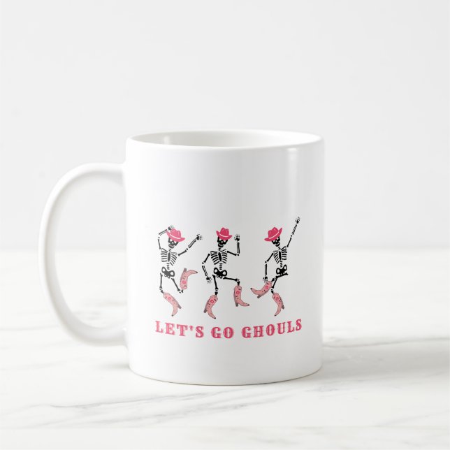 Let's Go Ghouls Halloween Skeletons Pink Cowgirl Coffee Mug (Left)
