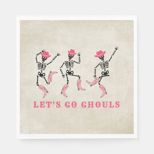 Let's Go Ghouls Halloween Skeletons Pink Cowgirl Napkin (Front)