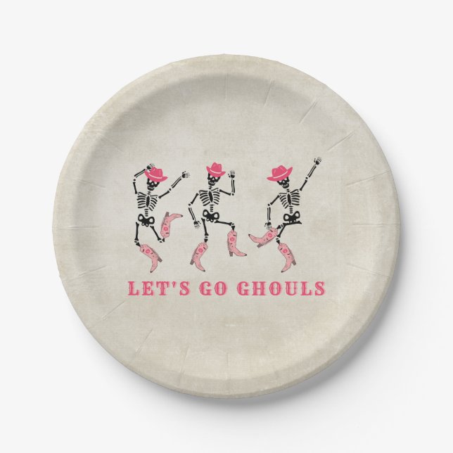 Let's Go Ghouls Halloween Skeletons Pink Cowgirl Paper Plate (Front)