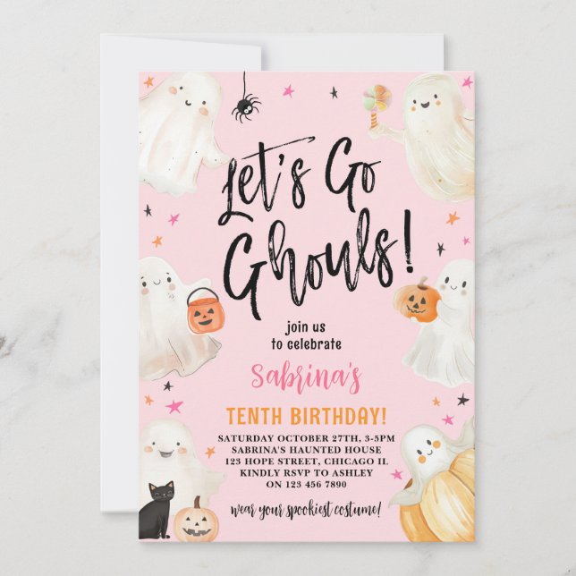Lets Go Ghouls Pink Halloween Girl Birthday Party Invitation (Front)
