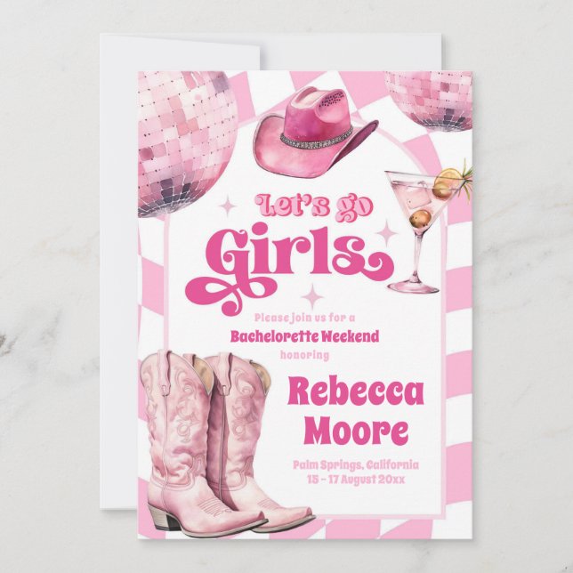 Let's Go Girl Pink Cowgirl Bachelorette Itinerary Invitation (Front)