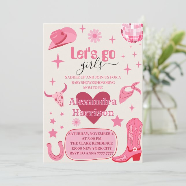 Let's Go Girl Pink disco Cowgirl Rodeo Baby shower Invitation (Standing Front)