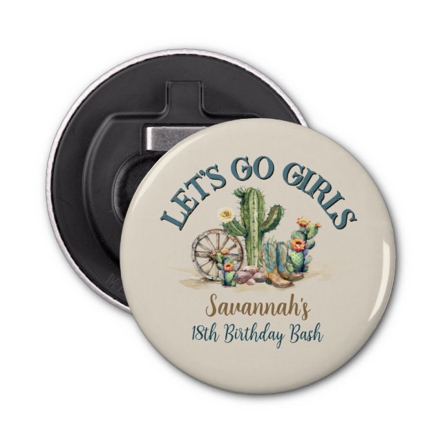 Lets Go Girls Cactus Cowgirl Rodeo Birthday Party Bottle Opener (Front)