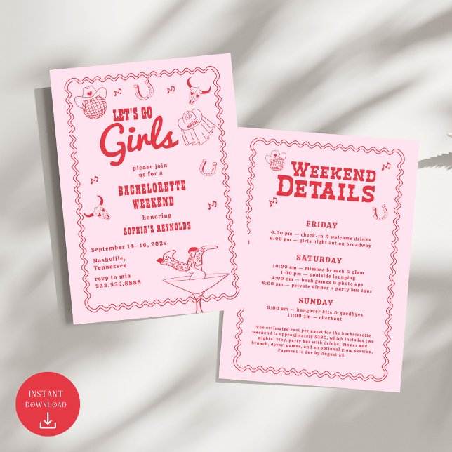 Let's Go Girls Cowgirl Pink and Red Bachelorette  Invitation (Creator Uploaded)