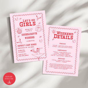 Let's Go Girls Cowgirl Pink and Red Bachelorette  Invitation
