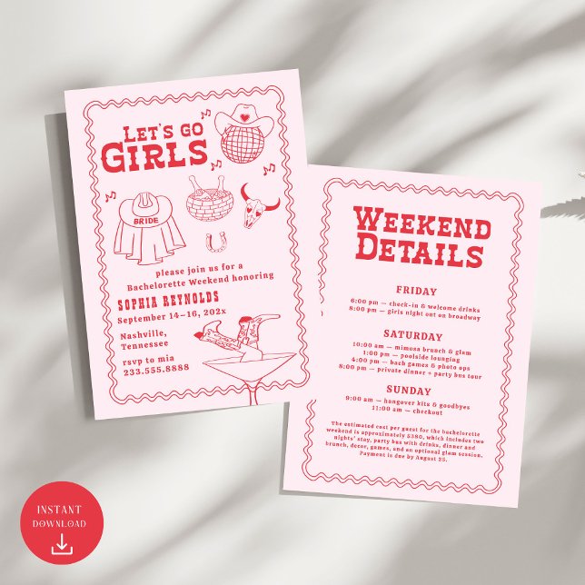 Let's Go Girls Cowgirl Pink and Red Bachelorette Invitation (Creator Uploaded)