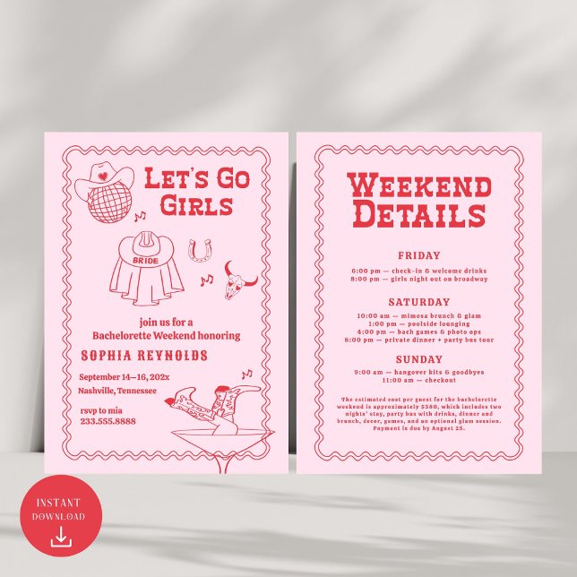 Let's Go Girls Cowgirl Pink and Red Bachelorette  Invitation (Creator Uploaded)