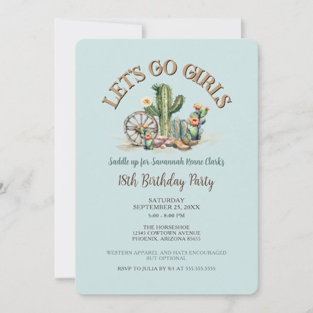Lets Go Girls Cowgirl Western Aqua Blue Birthday Invitation (Front)