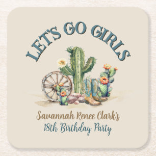 Lets Go Girls Cowgirl Western Theme Birthday Party Square Paper Coaster