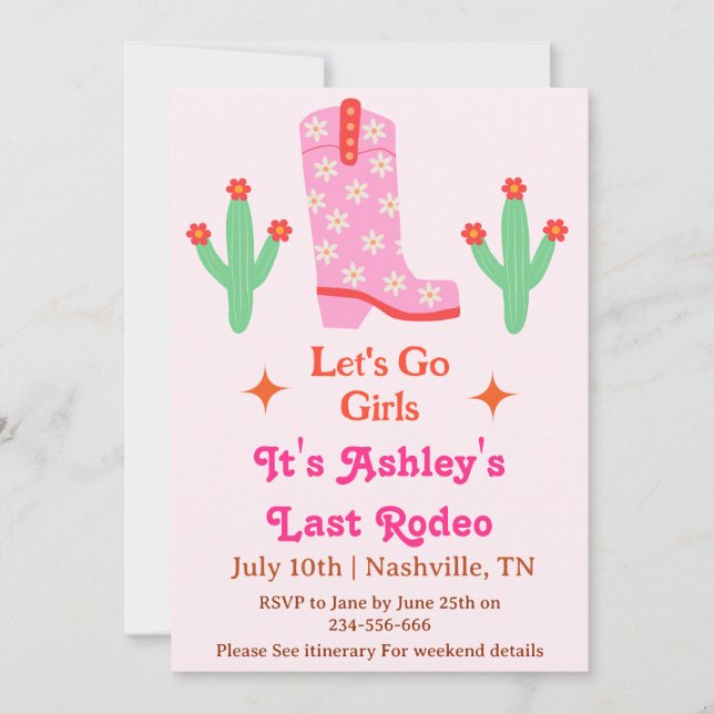 Let's Go Girls Pink Cowgirl Bachelorette Party  Invitation (Front)