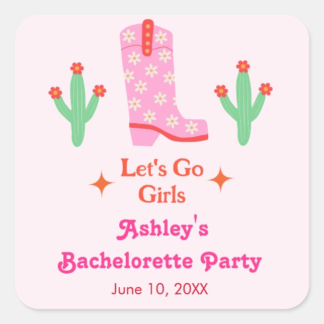 Let's Go Girls Pink Cowgirl Bachelorette Party  Square Sticker (Front)
