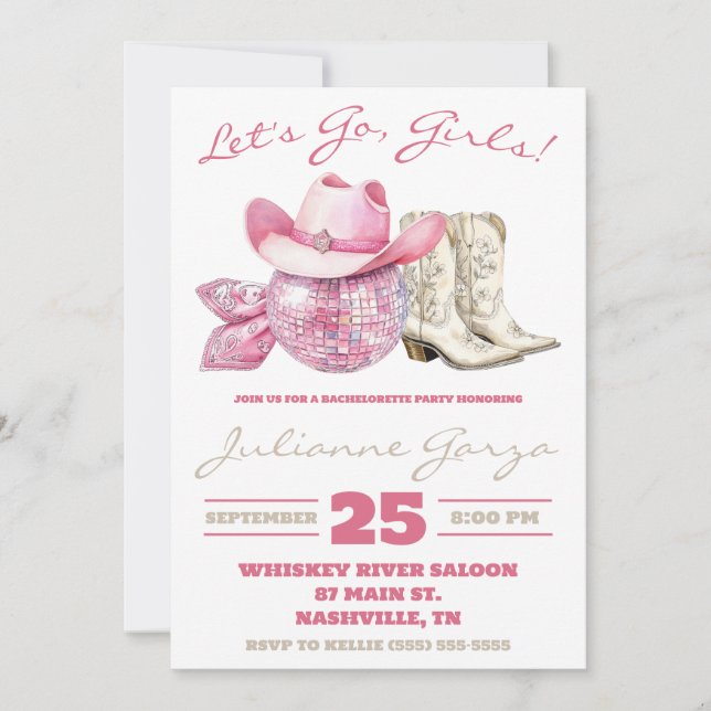 Let's Go, Girls! Pink Disco, Country Bachelorette Invitation (Front)