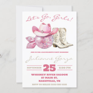 Let's Go, Girls! Pink Disco, Country Bachelorette Invitation