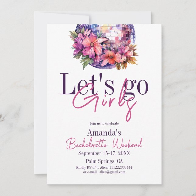 Let's Go Girls Pink Last Disco Bachelorette Party Invitation (Front)