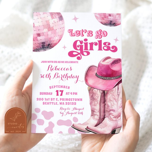 Let's Go Girls Pink Space Disco Cowgirl Birthday Invitation (Creator Uploaded)