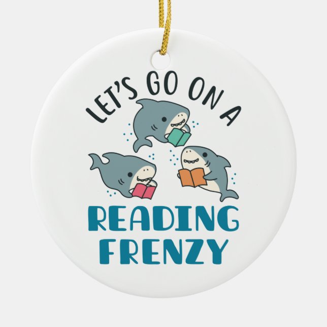 Let's Go On a Reading Frenzy Teacher Shark Ceramic Tree Decoration (Front)